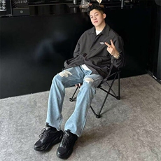 复古水洗破洞牛仔裤男直筒宽松2025年新款潮牌阔腿长裤百搭老爹裤，男装牛仔裤，星座506A