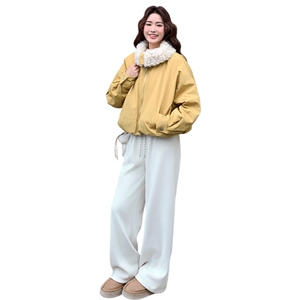 黄色大翻领羊羔毛拼接羽绒服女冬季2025新款小个子短款加厚派克服图片