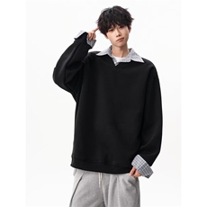 格子拼接polo衫领加绒卫衣男春秋季2025新款假两件长袖t恤上衣服，男装T恤，星座1210-1