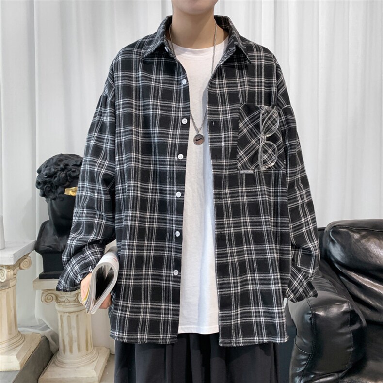 衬衫男2025春季新款港风大码宽松长袖磨毛格子衬衣CS37-P38,男装衬衫,星座214-3