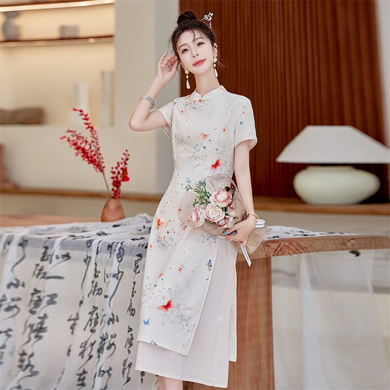 日常印花长裙女夏季新款送考连衣裙气质修身中式改良版奥黛旗袍裙,女装连衣裙,利佳可人