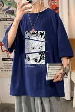 YT26176-P30亚麻短袖t恤男大码五分袖男宽松七分袖海报风，男装T恤，电商A040