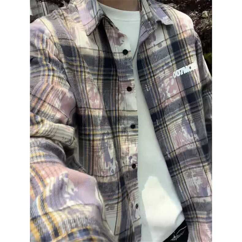 扎染格子衬衫男生春秋季中性简约风情侣潮牌宽松休闲长袖衬衣外套,男装衬衫,电商A007