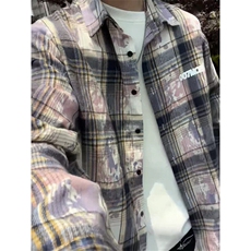 扎染格子衬衫男生春秋季中性简约风情侣潮牌宽松休闲长袖衬衣外套，男装衬衫，电商A007