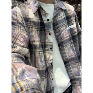 扎染格子衬衫男生春秋季中性简约风情侣潮牌宽松休闲长袖衬衣外套图片