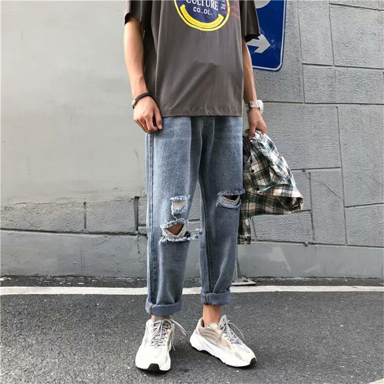 主推N880港风韩版休闲九分裤简约破洞牛仔裤男修身1008-kz10,男装牛仔裤,星座1008