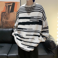 条纹慵懒风绒衫圆领套头针织衫秋冬季黑白宽松毛衣M827-P35，男装针织衫/毛衣，星座512-2