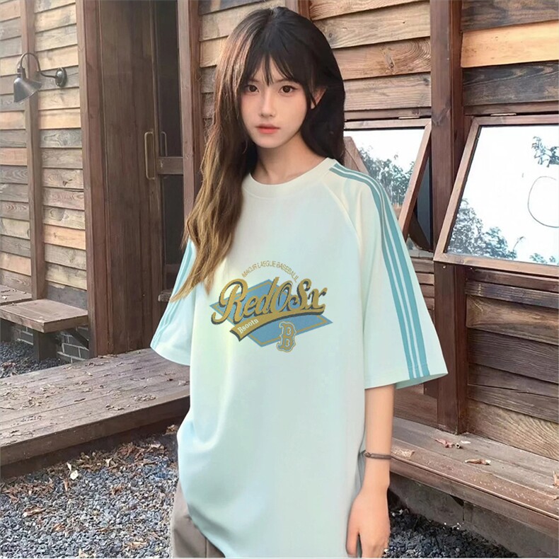 抖音得物品质二开240克宽松纯棉美式潮牌印花三条杠中性风短袖T恤,男装T恤,电商A486