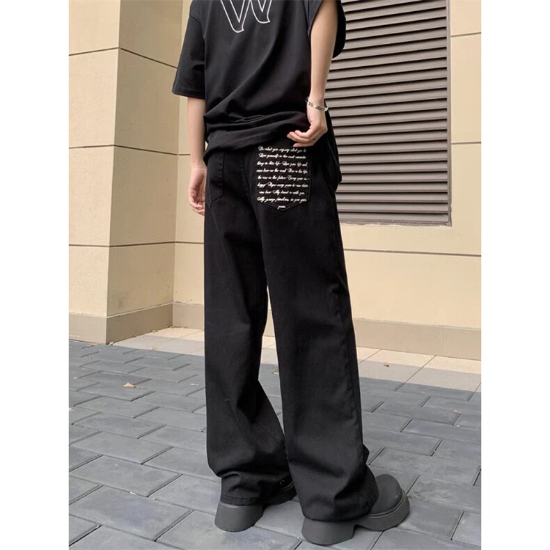 网图黑色新中式轻风刺绣牛仔裤男微喇阔腿裤K8597-P55,男装牛仔裤,星座1001-1
