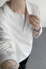 新款百搭纹理感亨利领宽松纯色打底衫长袖T恤男T24521-特P42控78，男装T恤，电商A001