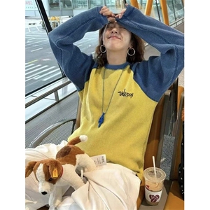 DD328P48 日潮美式校园撞色插肩拼色男女圆领华夫格打底长袖T恤图片