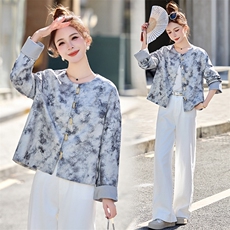 2025早春新中式印花粉色缎面短外套女复古设计感小众减龄上衣，女装短外套，众宇琦