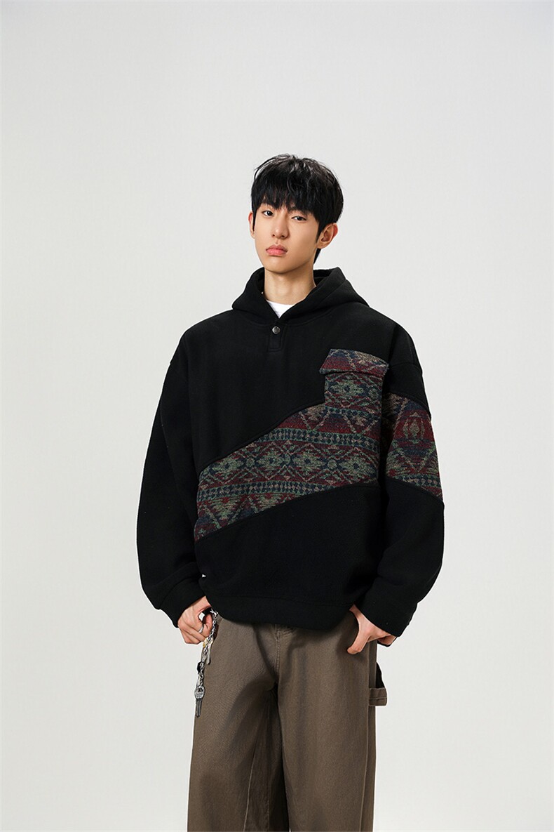 WY10096-P55摇粒绒撞色拼接保暖连帽小众卫衣,男装棉衣,电商A059