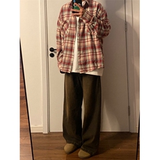 红色黄蓝色格子衬衫男女春宽松休闲情侣长袖衬衣外套K342-P45，男装衬衫，星座1007（原301D）