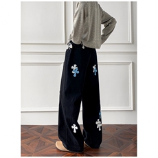 2025潮牌CH重工拼皮梵文刺绣十字架高街牛仔裤长裤修身裤男女同款，男装皮裤，四季星座505