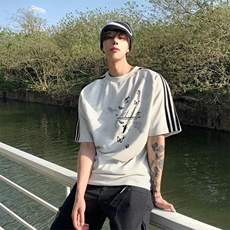 抖音得物高品质二开240克宽松纯棉美式潮牌三条杠织带短袖T恤，男装T恤，电商A486-1