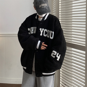 2024冬季新款奶杏色羊羔毛绒外套潮流宽松棒球服棉衣 W6461-P92图片