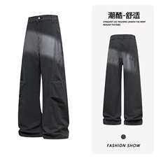 B221美式ins高街斜切宽松休闲洗褪弯刀牛仔裤LK26619-特P50控88，男装牛仔裤，电商B221