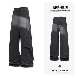 B221 美式ins高街斜切宽松休闲洗褪弯刀牛仔裤 LK26619-特P50控88图片