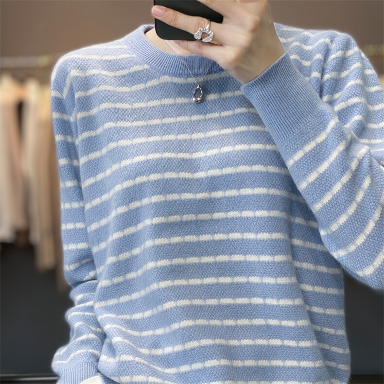 秋冬季新款舒适圆领条纹女士羊毛衫,女装羊毛衫,奢优羊绒