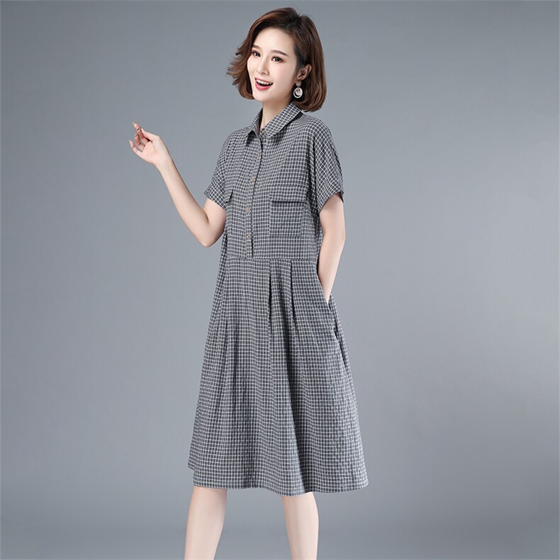 2021年夏季中长款格子套头A字裙妈妈装连衣裙POLO领韩版裙子高腰，女装连衣裙，伊满意