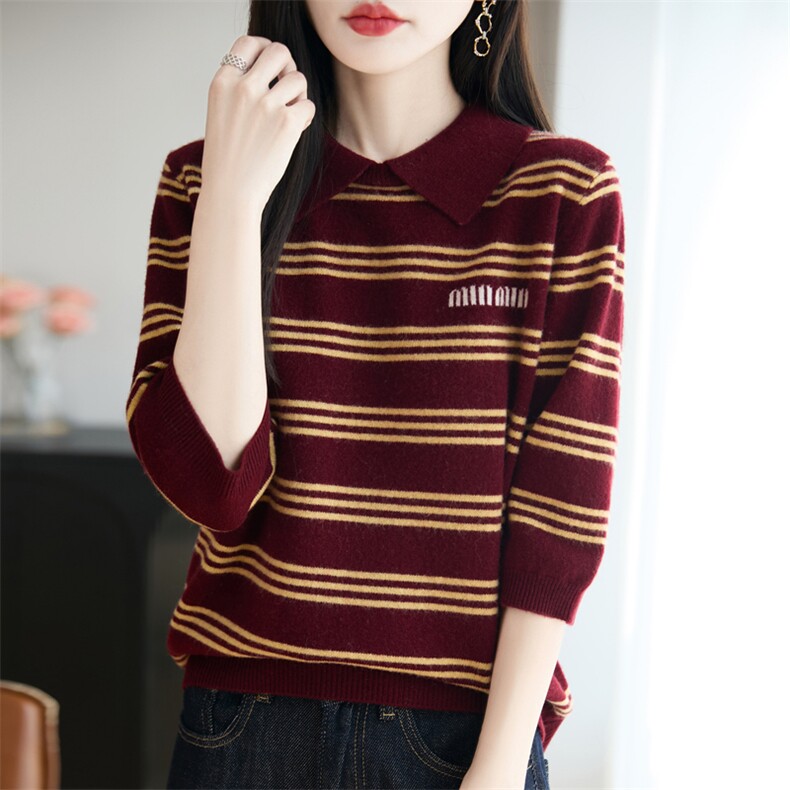 法式复古条纹POLO领针织打底毛衣女2025新款精纺细毛长袖保暖毛衫,女装羊毛衫,大美人包芯纱店