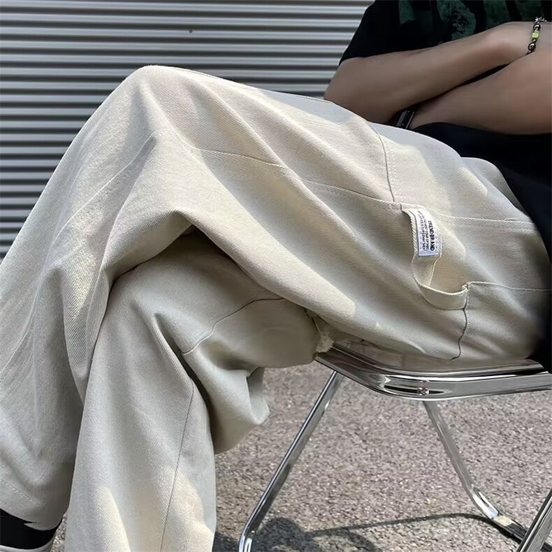 港风纯棉卡其色工装裤子男款夏季宽松直筒裤日系坠感阔腿休闲长裤,男装工装外套,星座310B-2