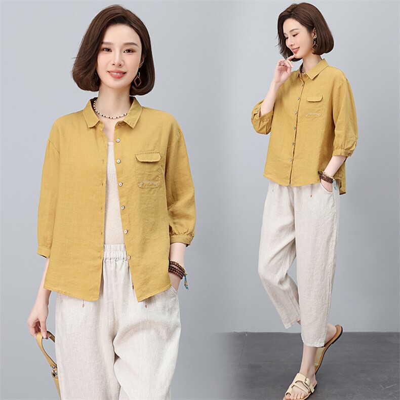 棉麻衬衫女2025夏季新款中年妈妈休闲宽松时尚洋气亚麻七分袖上衣，女装衬衫，涵誉
