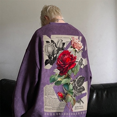 秋季重磅宽松大码港风玫瑰花印花圆领卫衣JK23388特批36-控59，男装卫衣，星座605(原A050)
