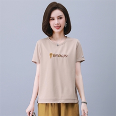 2023夏季新款简约时尚气质圆领休闲舒适刺绣T恤，女装T恤，独衣靓