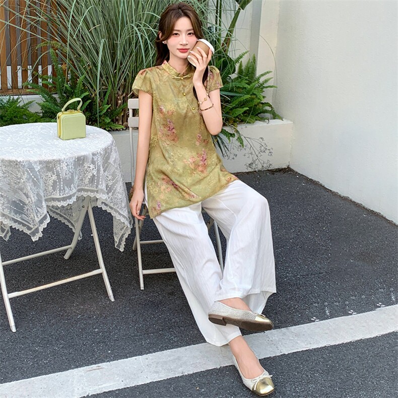新中式g风套装女2026夏季流行复古印花盘扣旗袍上衣阔腿裤两件套,女装套装/套裙,超帛