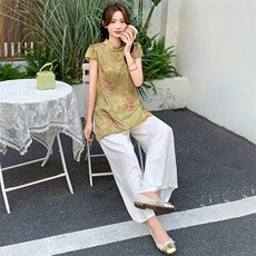 新中式g风套装女2026夏季流行复古印花盘扣旗袍上衣阔腿裤两件套，女装套装/套裙，超帛