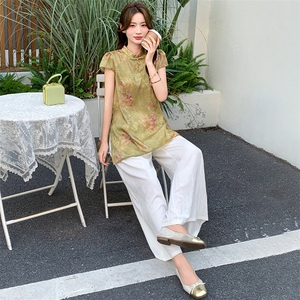新中式g风套装女2026夏季流行复古印花盘扣旗袍上衣阔腿裤两件套图片