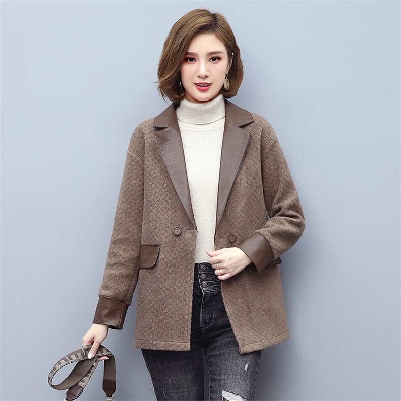 2021秋冬季新款女装水洗皮短款毛呢外套皮毛一体妈妈装拼接大衣,女装毛呢外套,伊满意