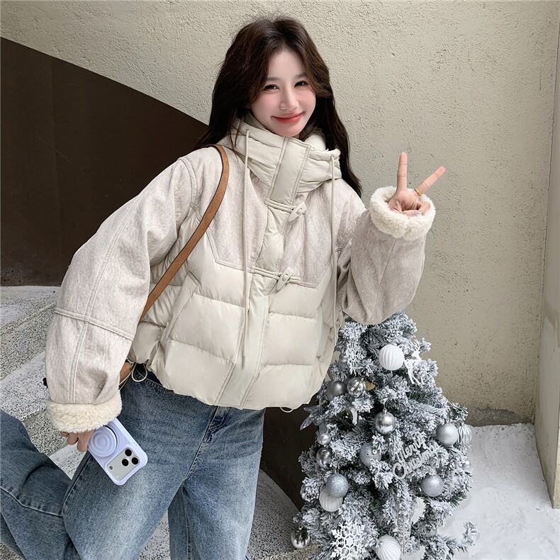 毛呢拼接羽绒服女冬季2025新款连帽保暖夹棉好看短外套,女装羽绒服,2C218