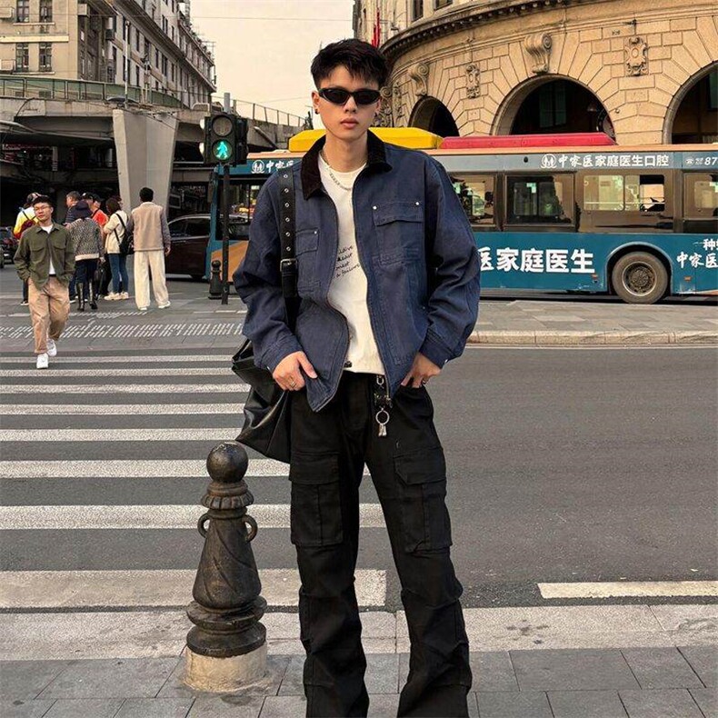 春季美式复古翻领夹克男女机能风外套宽松休闲潮流情侣,男装夹克,四季星座505