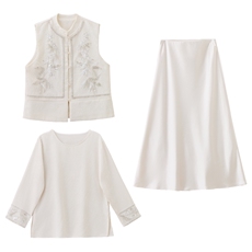 现货春装新款简约时尚休闲重工艺钉珠减龄马甲可组合三件套半裙衫，女装马甲，韩美纤衣