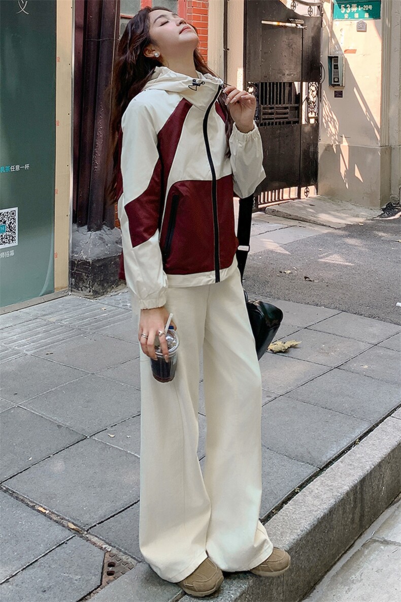 设计感拼接撞色冲锋衣外套女春秋新款高级感休闲连帽夹克上衣,女装短外套,韩蔻秀