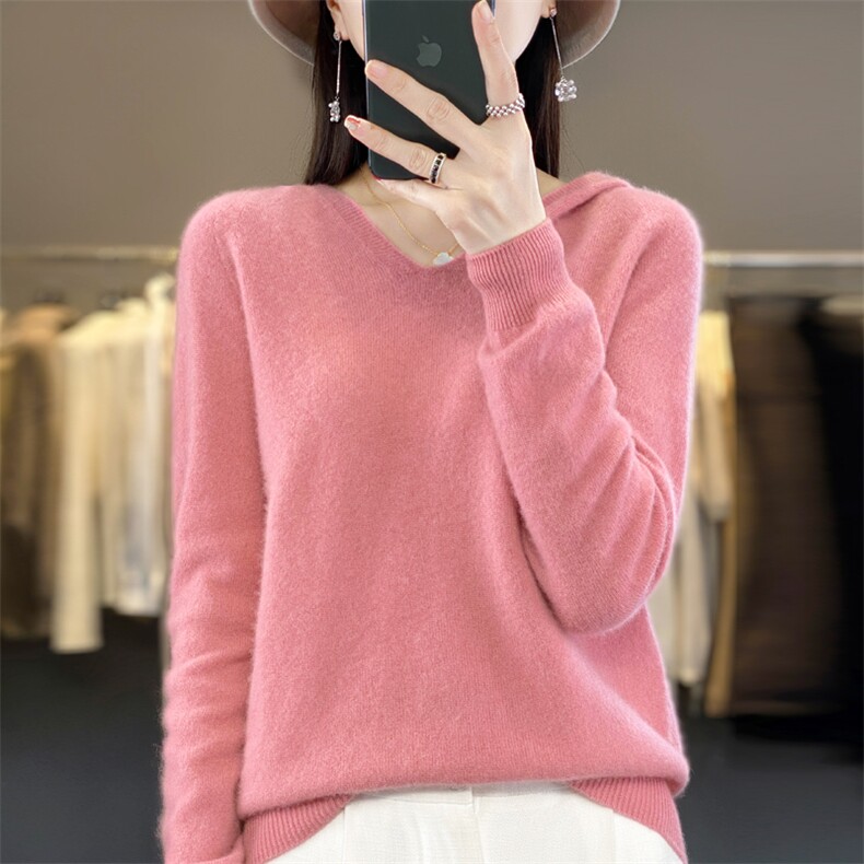 2025新款连帽女V领带帽毛衣宽松卫衣针织打底帽衫,女装羊毛衫,大美人高端店