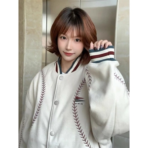 重磅三彩尼满刺绣棒球棉服百搭文艺潮流新款原宿夹克W6884-P77图片