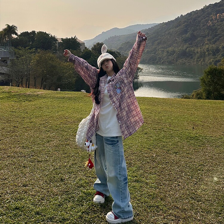 XKSHUO春季美式复古徽章印花格子长袖衬衫百搭宽松男女高街外套,男装衬衫,星座1210-1
