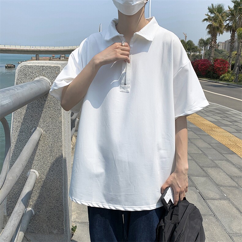 polo衫翻领夏季ins纯色短袖t恤韩版潮牌五分袖情侣装 T124-P28图片