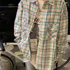 水洗复古格子口袋长袖衬衫男女ins高街宽松小众休闲翻领开衫衬衣，男装衬衫，星座506A