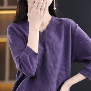 春夏新款100%纯棉针织衫女薄款V领毛衣纯色宽松休闲七分袖打底衫图片