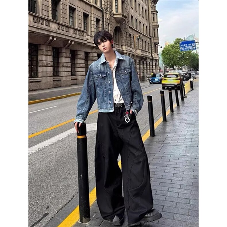 美式复古格子拼接假两件牛仔外套男女cleanfi设计感宽松情侣夹克,男装工装外套,星座506A