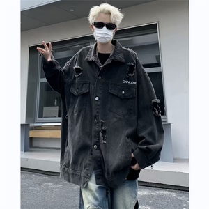 美式高街破洞牛仔外套男字母韩版潮流2026春季ins夹克W5332-P63图片