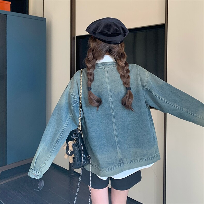 港风复古牛仔外套女2024春秋新款设计感宽松休闲工装圆领夹克上衣,女装牛仔外套,纯色衣恋