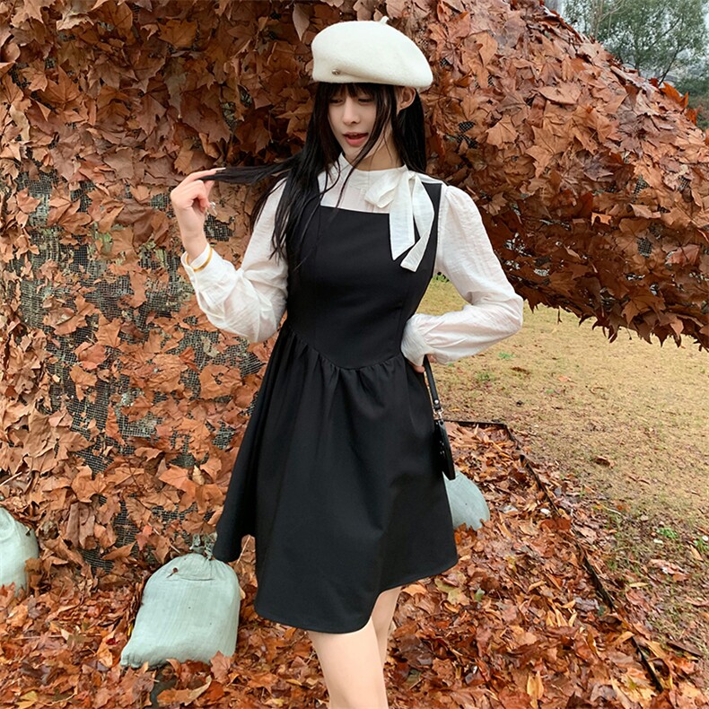 现货2024年春女时尚甜美法式蝴蝶绑衬衫网红气质显瘦背心裙两件套,女装套装/套裙,煊芮熙