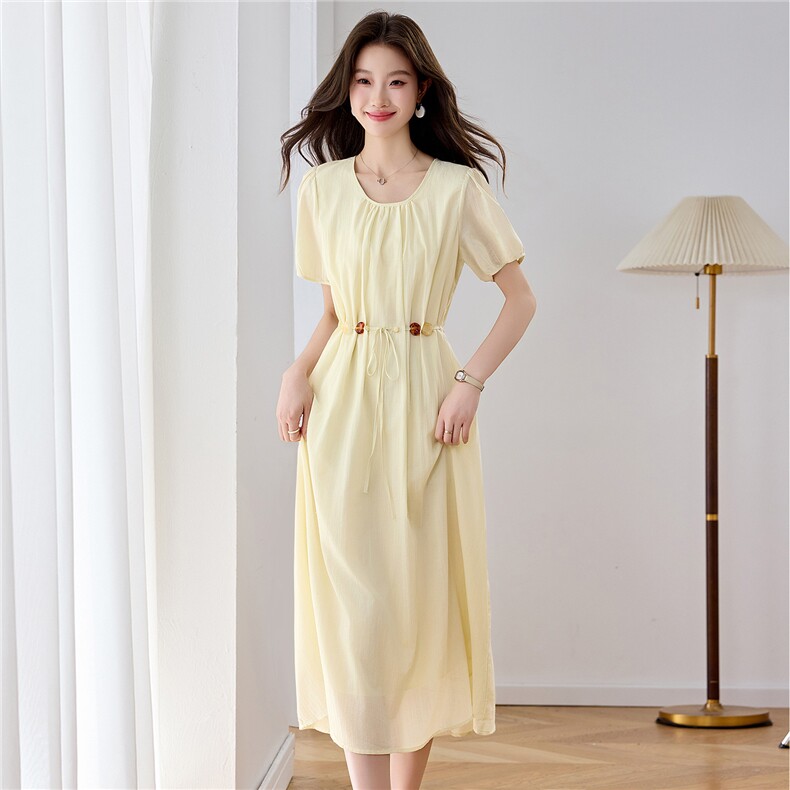 中长款否2026年夏季仙气风无弹高腰柔软日常短袖修身型中长款,女装连衣裙,悦祺