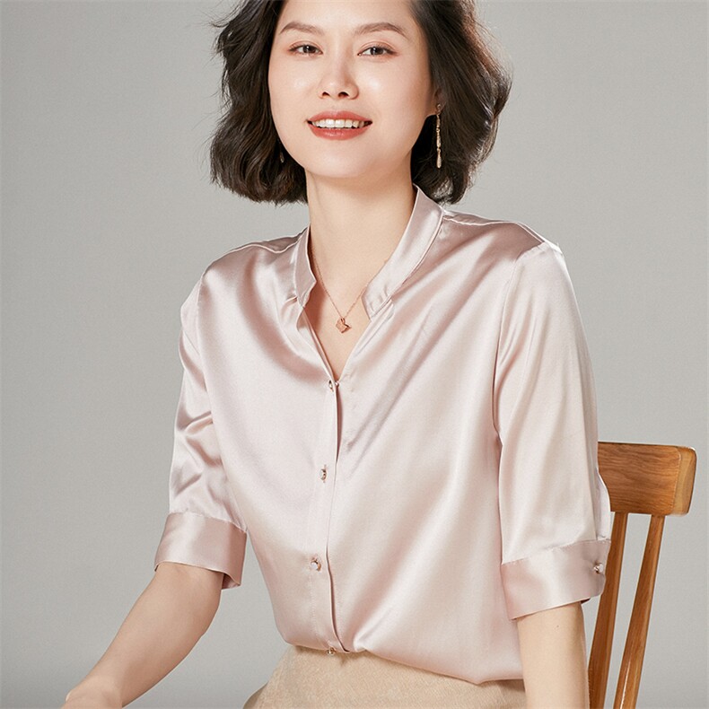 优雅气质减龄小翻领真丝衬衫红色显瘦长袖上衣,女装衬衫,宋氏羊绒